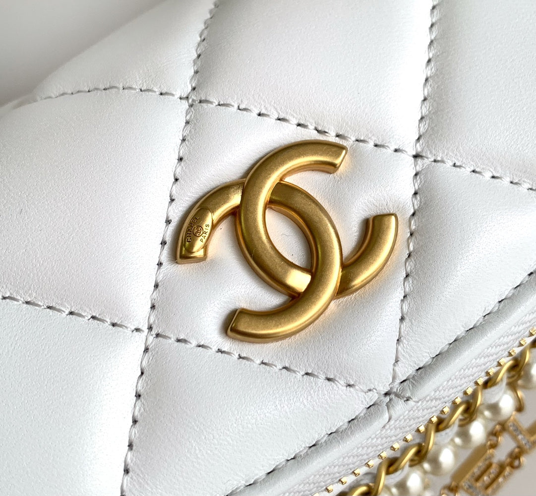Chanel Waist 24 Bag in White Calfskin with Pearl Chain and Gold Hardware