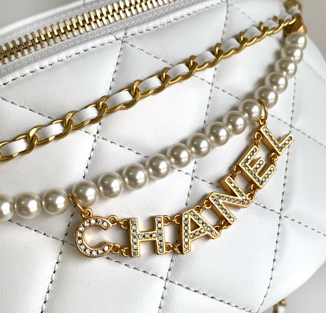 Chanel Waist 24 Bag in White Calfskin with Pearl Chain and Gold Hardware
