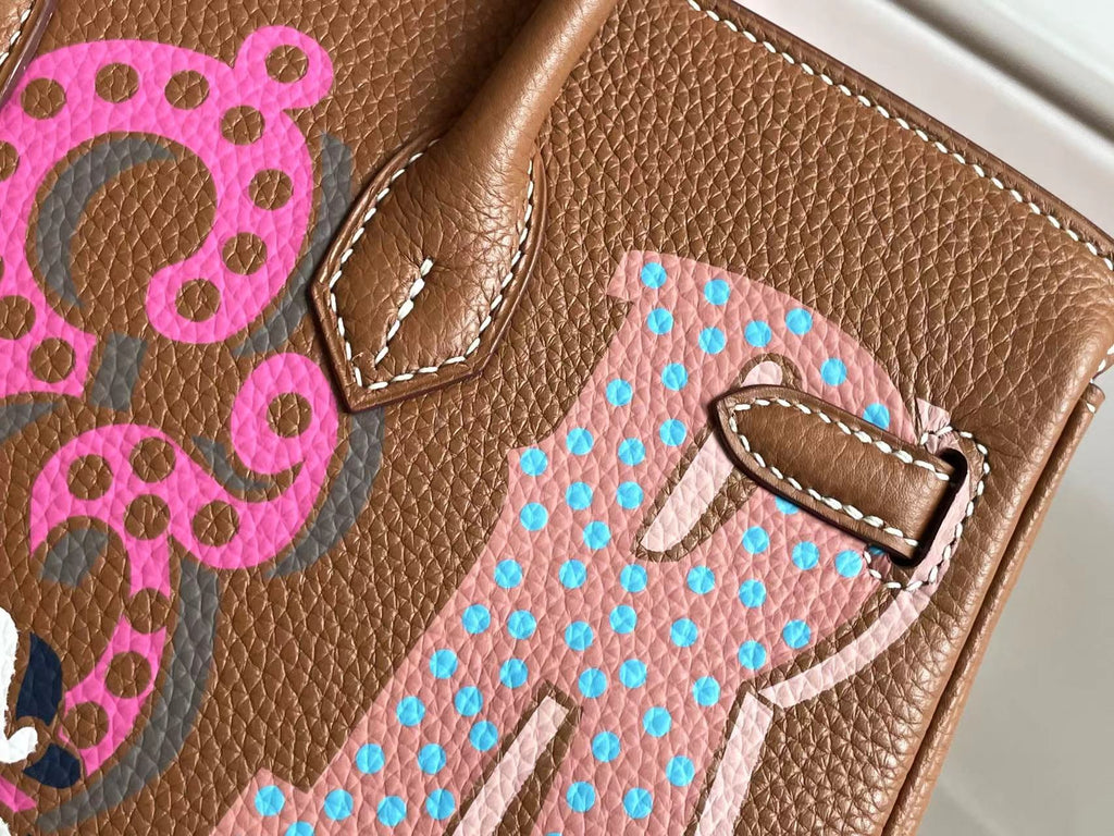 Hermes Birkin 25 Bag in Chocolate Brown Calfskin with Colorful Sticker