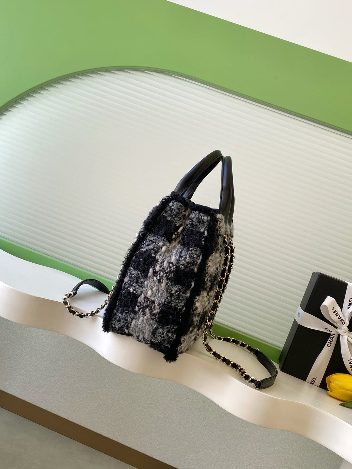 Chanel 25S Shopping Bag 34 in Black Mix Grey Tweed