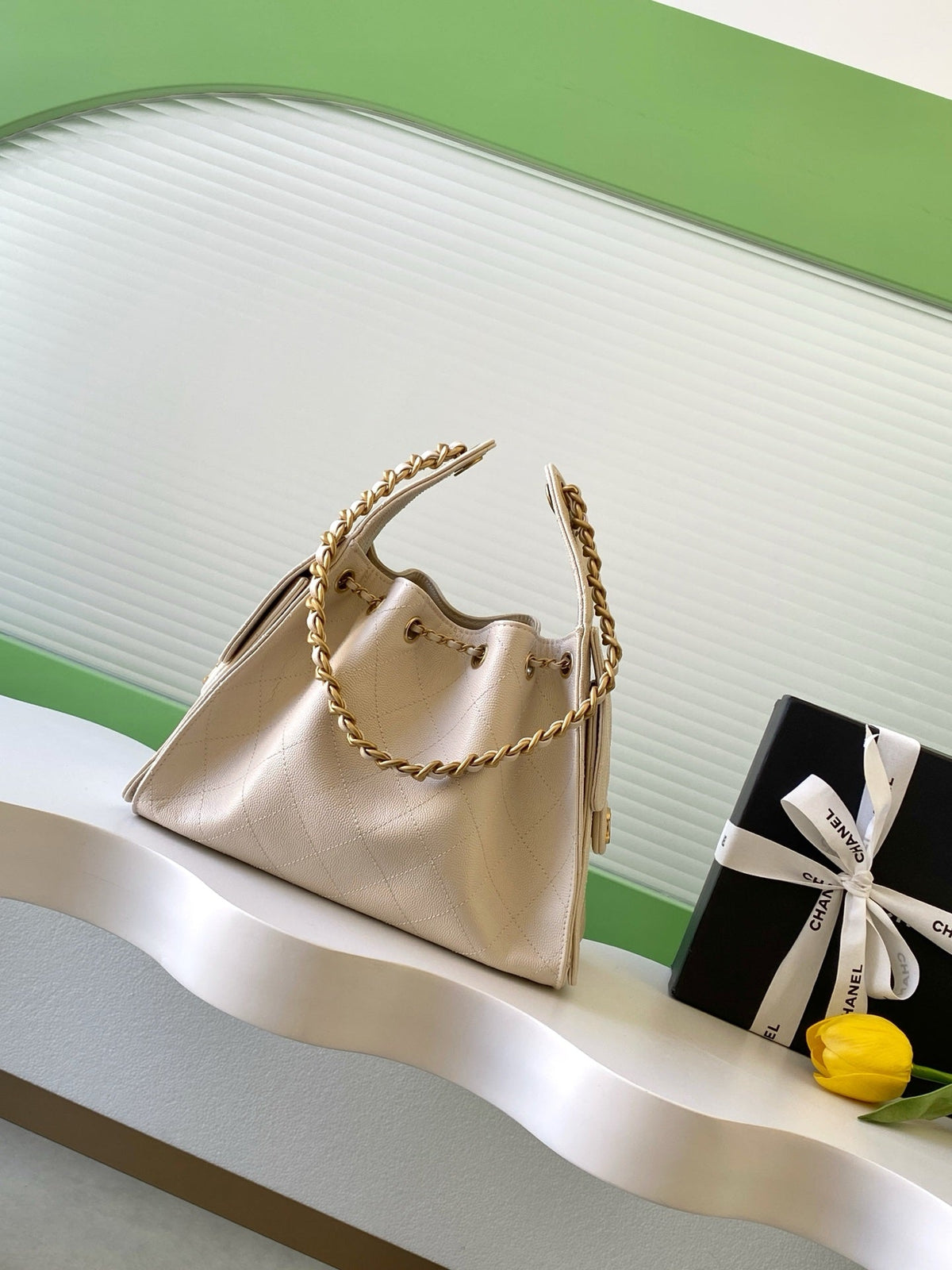 Chanel 25S Hobo Bag 30 in Light Beige Caviar Leather with Gold Hardware