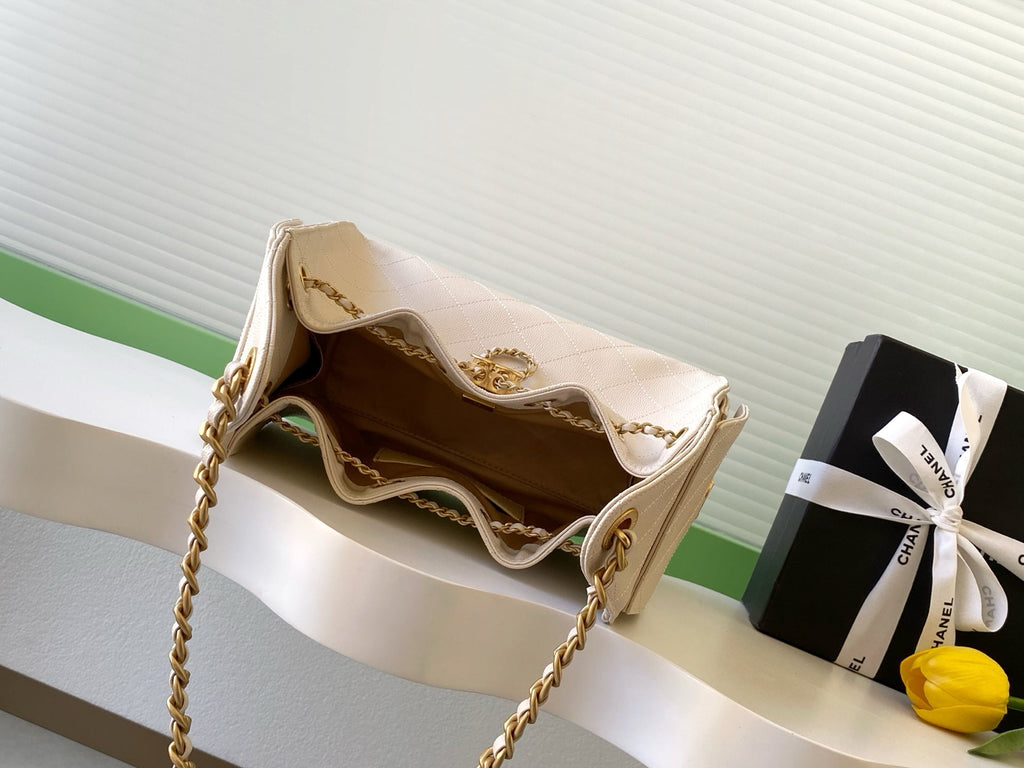 Chanel 25S Hobo Bag 30 in Light Beige Caviar Leather with Gold Hardware