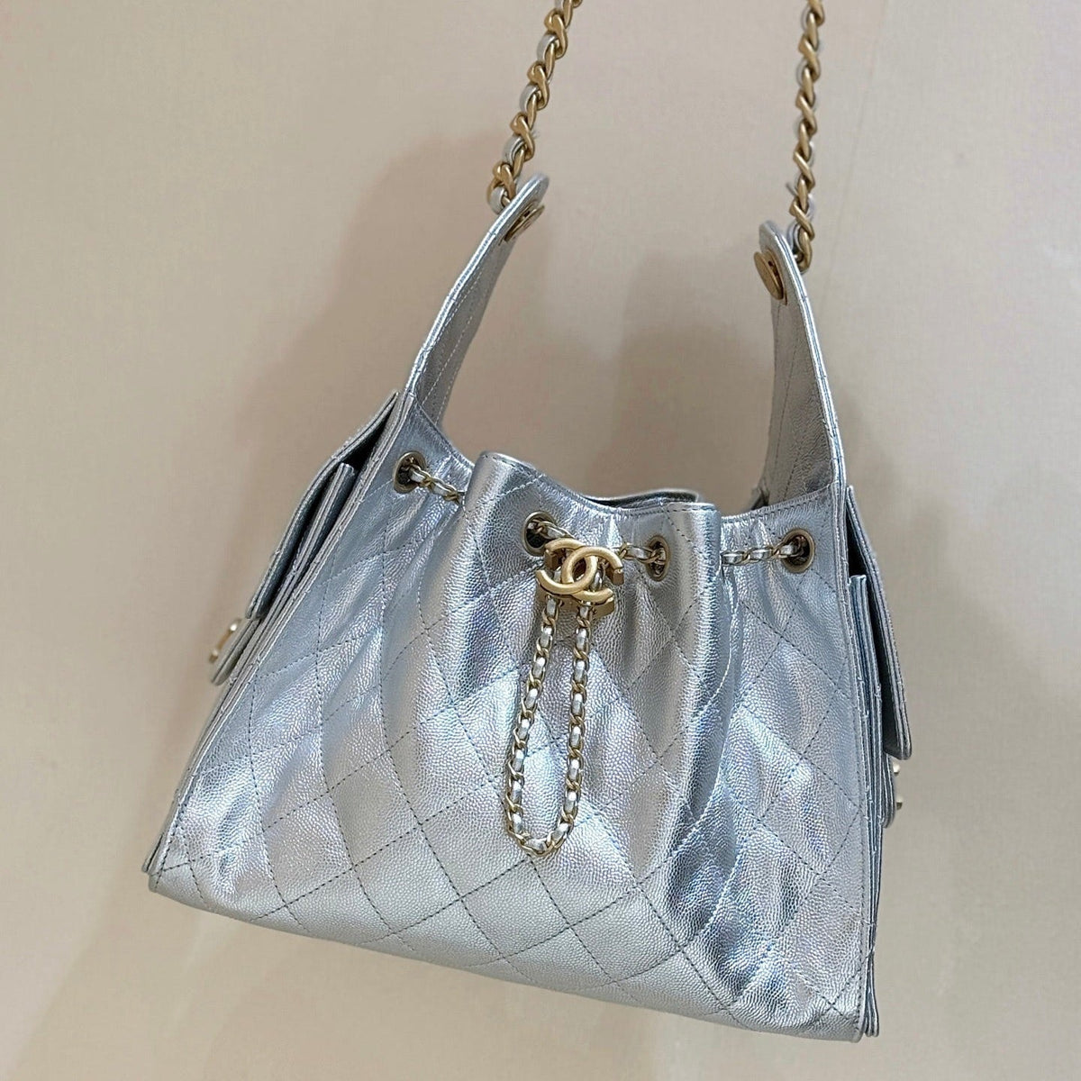 Chanel 25 Handbag in Silver-Tone 30 Grained Calfskin Gold Hardware