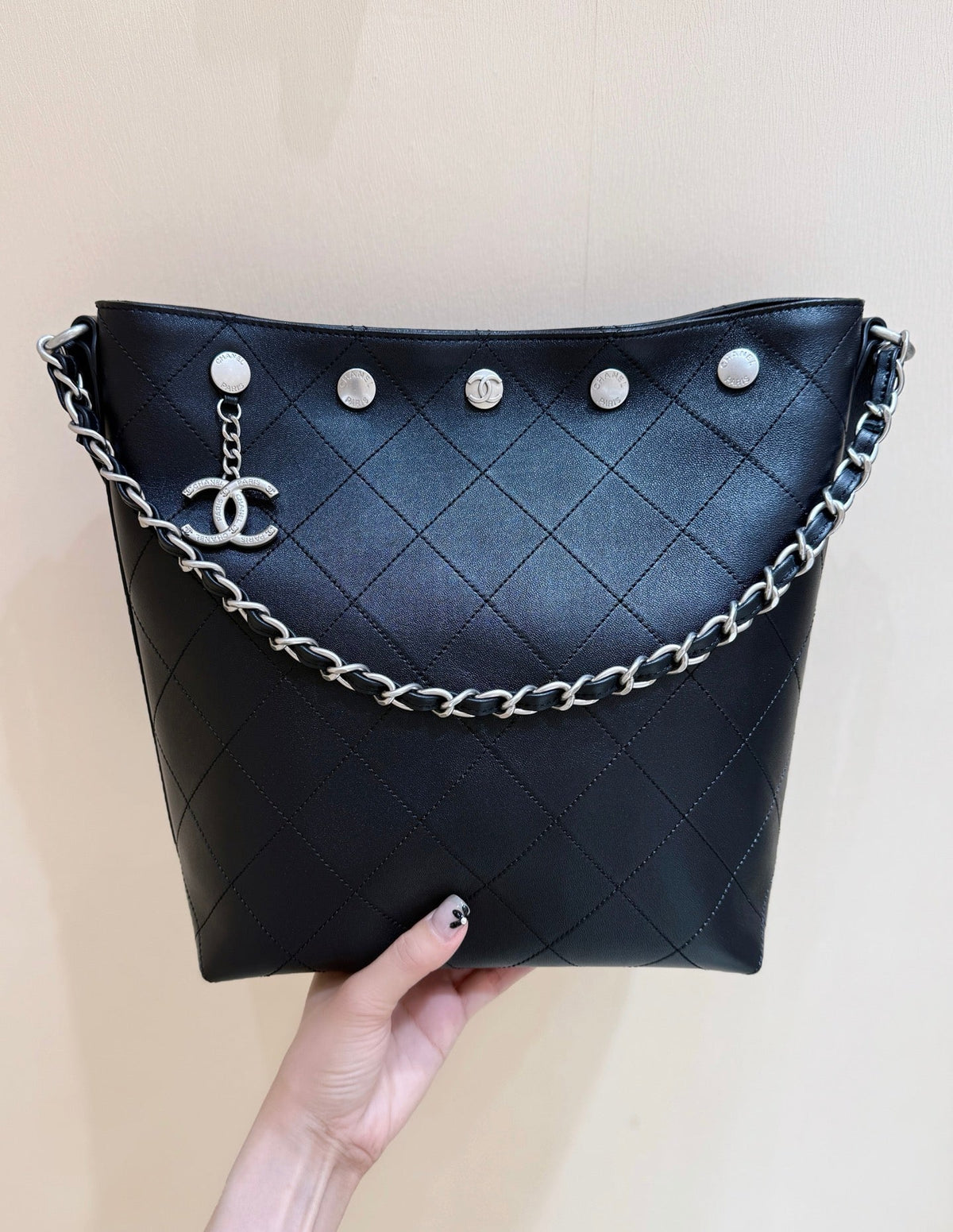 Chanel 25S Large Bucket Bag 31 in Black Shiny Lambskin Silver Hardware