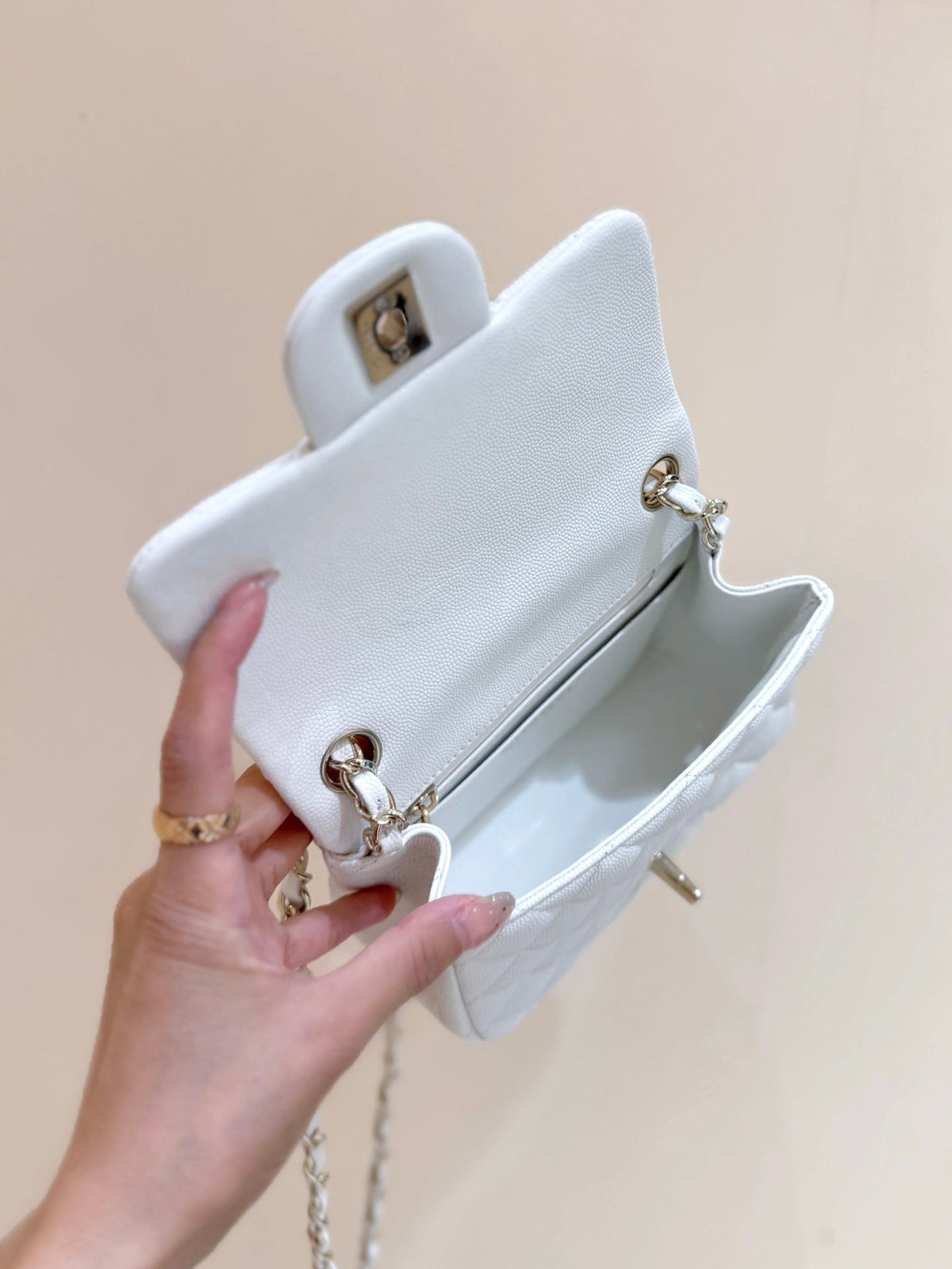 Chanel 25S Mini Square Flap Bag 17 in White Calfskin Caviar Gold Hardware