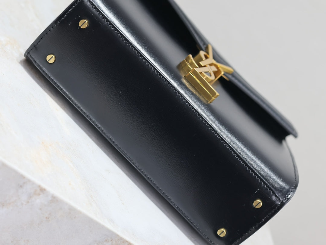 Saint Laurent Cassandra Mini Top Handle Bag 20 in Black Smooth Lambskin Gold Hardware