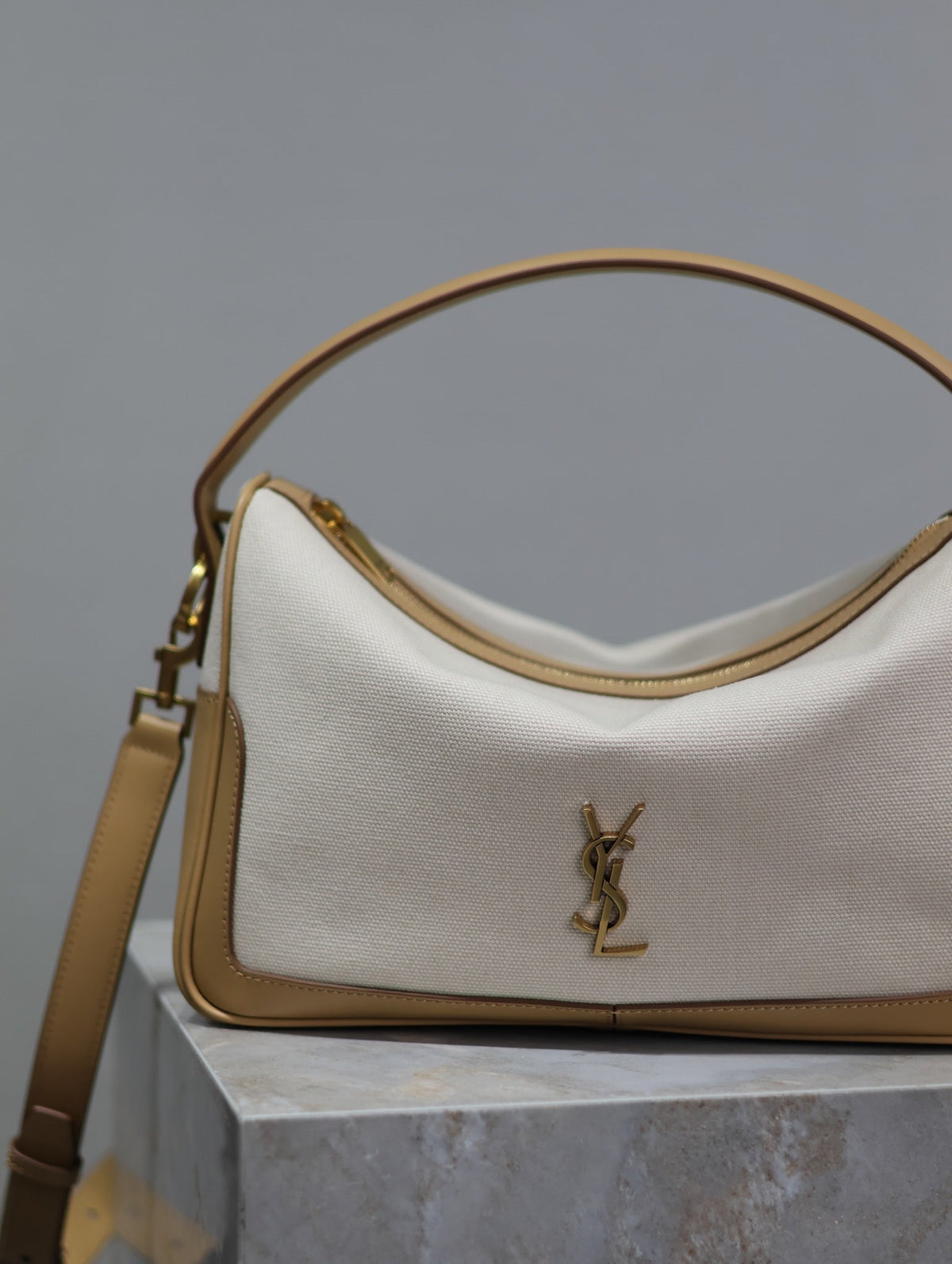 Saint Laurent Camera Supple Bag 28 in White Canvas and Brown Calfskin Trim