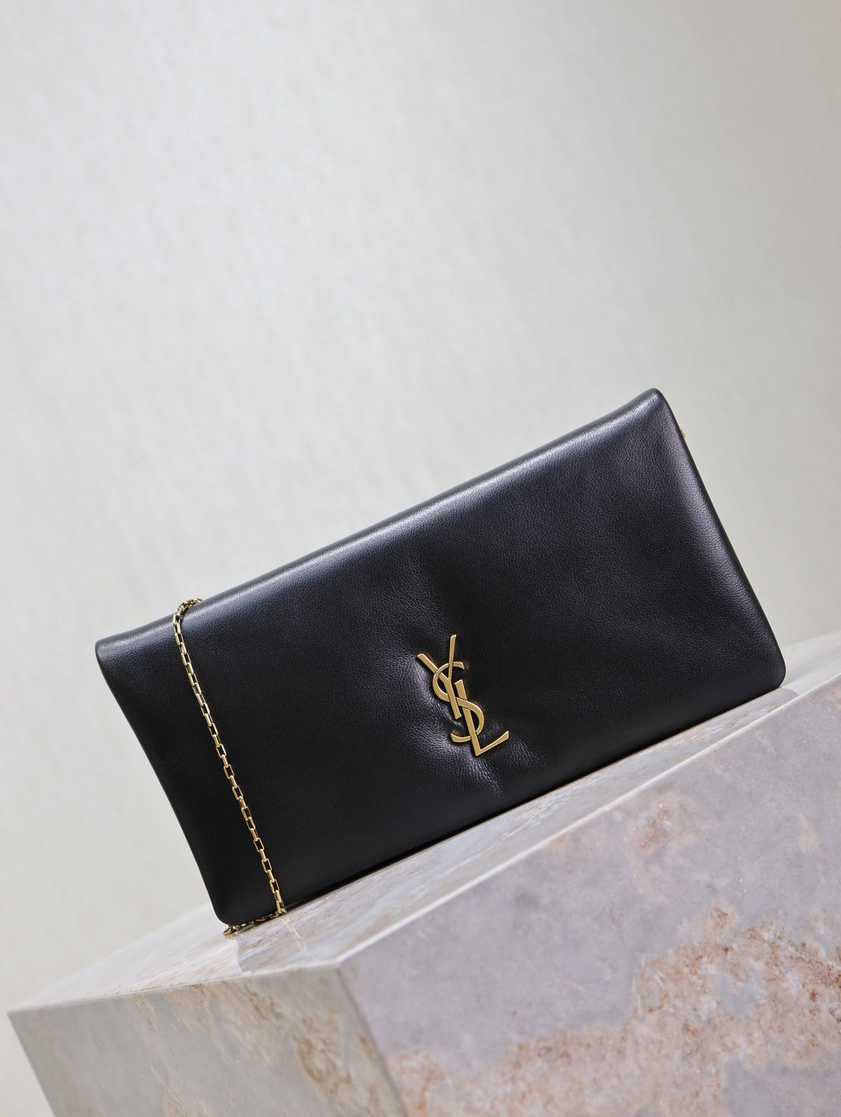 Saint Laurent Calypso Pouch 24 in Black Lambskin Gold Logo