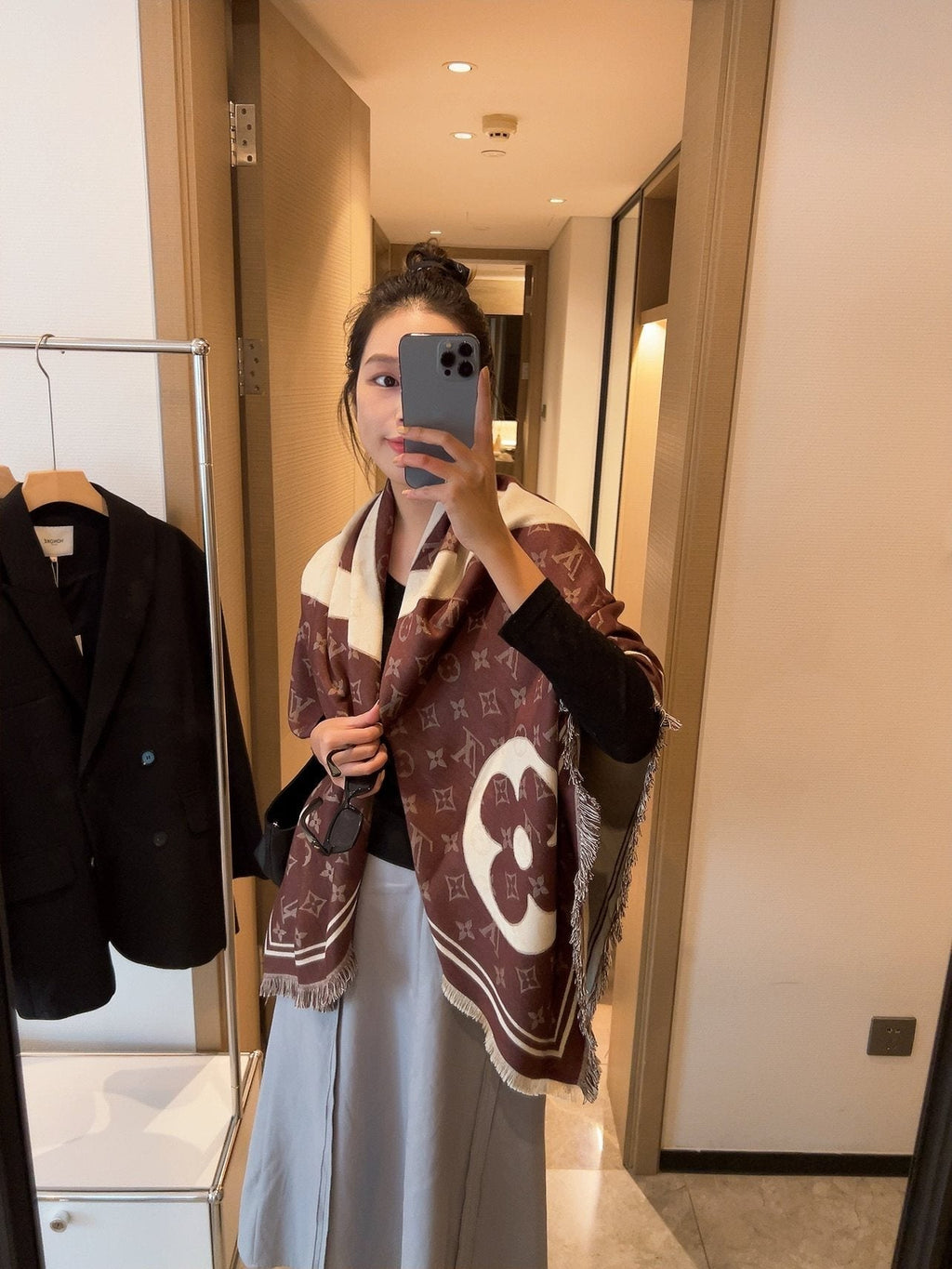 Louis Vuitton Brown & Cream Monogram Square Scarf — model