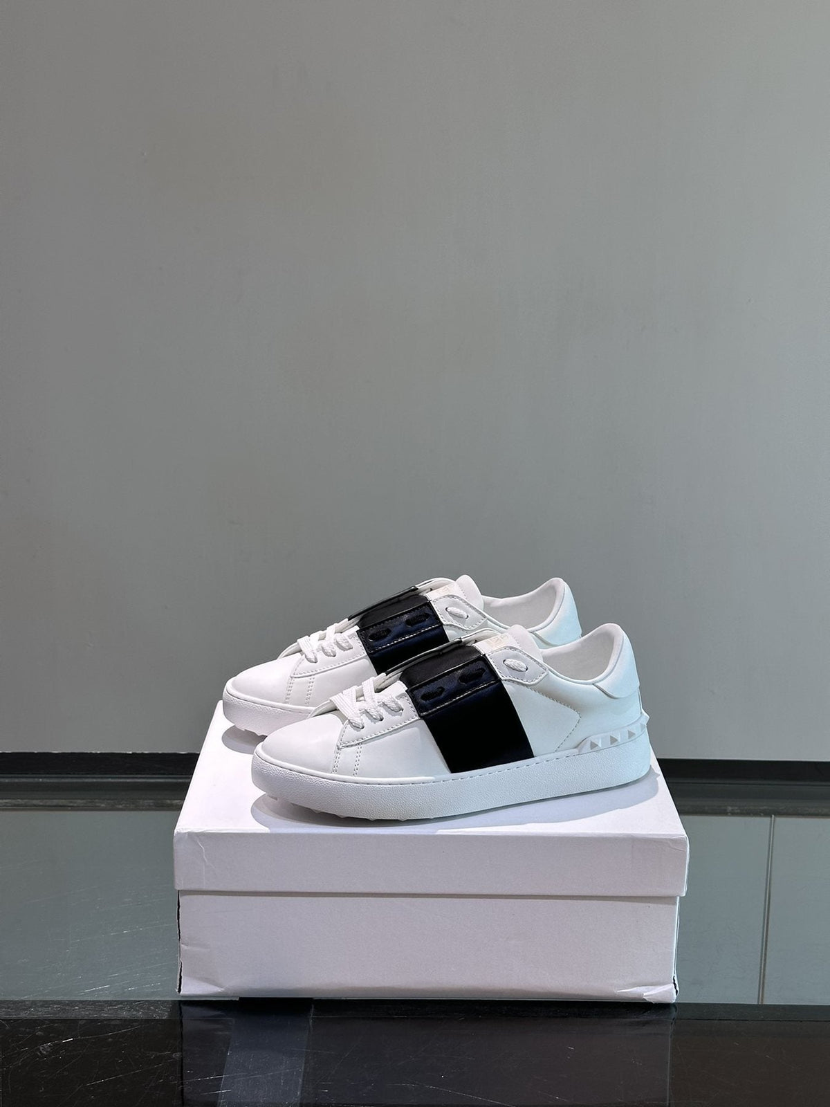Valentino White Sneakers with Black Strap — front