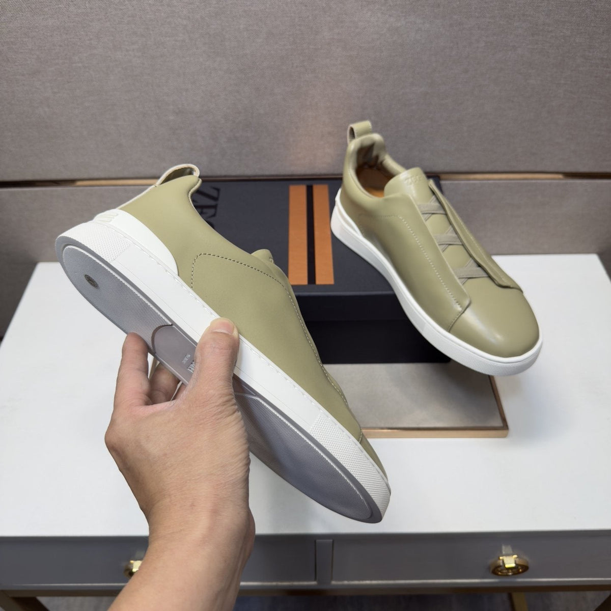 ZEGNA Brown Leather Slip-On Sneakers — model