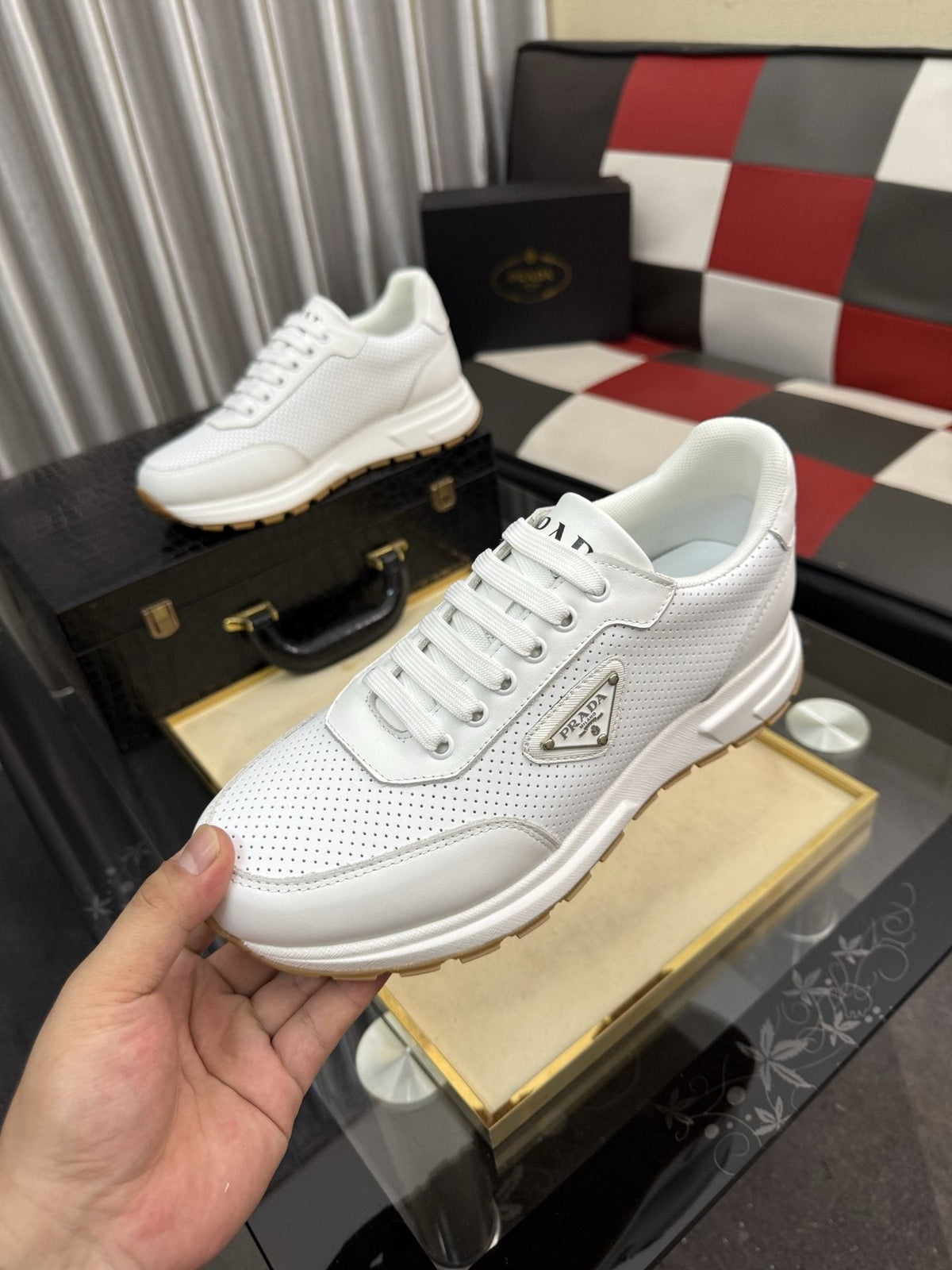 Prada Triangle Plaque Lace-Up Sneakers — side