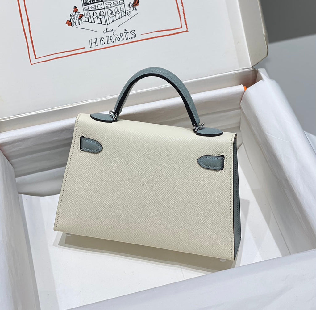 Hermes Kelly Mini 20 White Glacier Gray Epsom Silver Hardware Bag