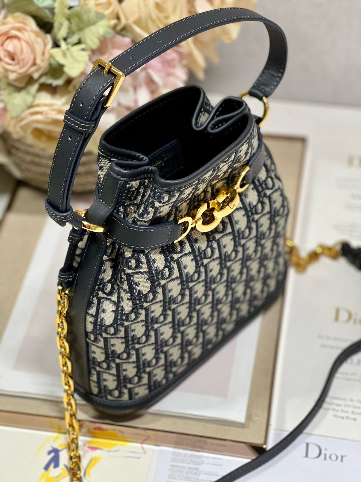 Dior Cest CD 24cm Blue Oblique Embroidery Bag